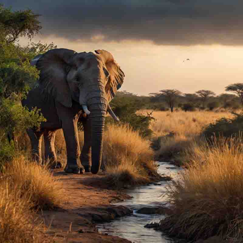Ein Elefant wandert entlang eines Baches in der Wildnis von Afrika, umgeben von natürlicher Vegetation.