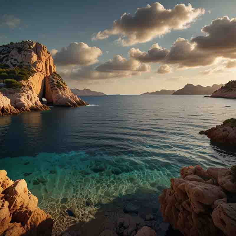 Ein malerischer balearischer Sonnenuntergang über dem Meer mit einer felsigen Küstenlinie im Vordergrund.