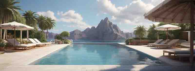 Entspannender Urlaub am Pool Ein ruhiger Poolbereich mit Liegestühlen und Sonnenschirmen mit Blick auf eine atemberaubende Berglandschaft.