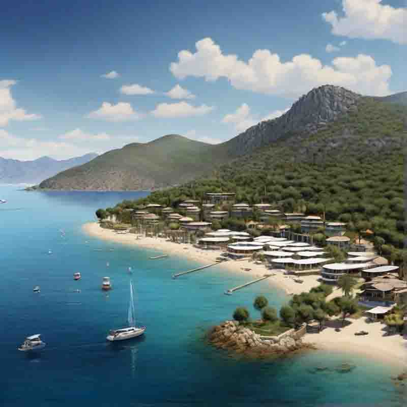 Ein luxuriöses türkisches Ferienzentrum, das an der Küste eines majestätischen Berges liegt.