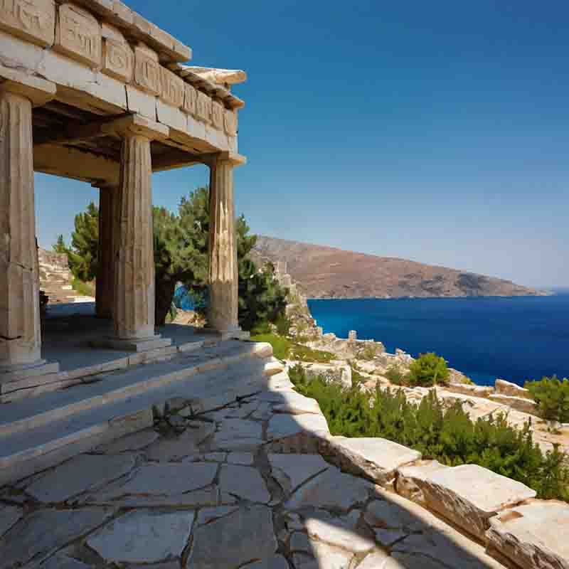 Tempel in Griechenland, umgeben von antiken Ruinen und blauen Himmel mit Meer im Hintergrund.