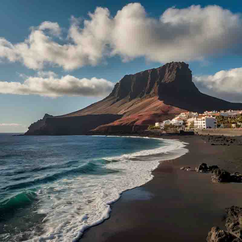 Aussicht auf einen Strand der Kanarischen Inseln mit majestätisch anmutenden Gebirgsformationen im Hintergrund.