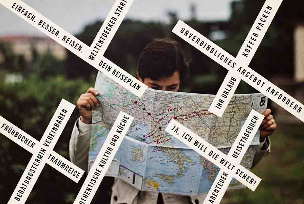 Eine Person studiert eine Europakarte, umgeben von motivierenden Schlagworten zur Reiseorganisation.