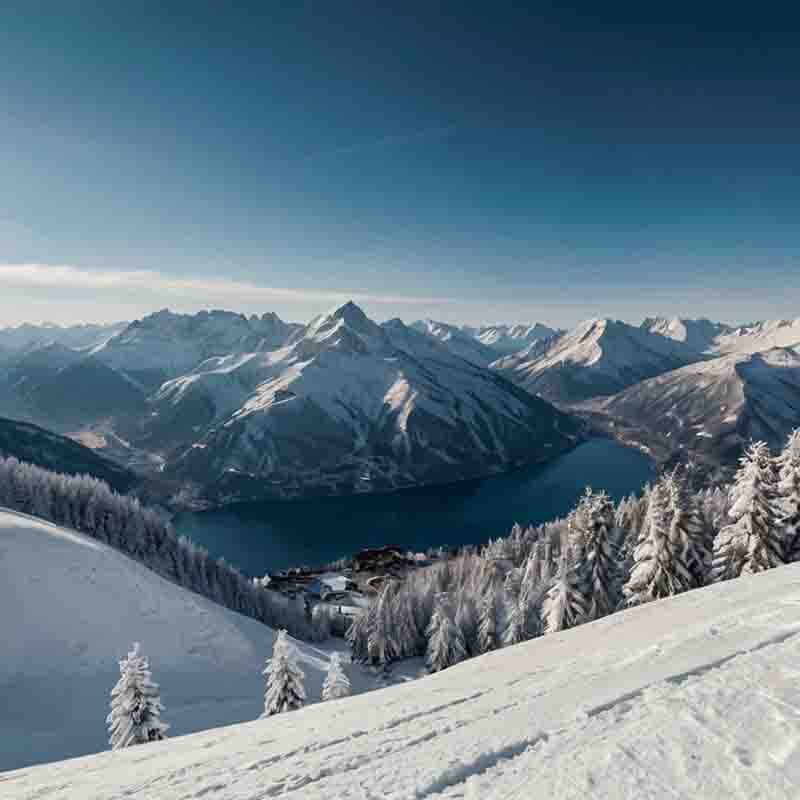 Panoramablick auf den See und die umliegenden Berge von einem hohen Gipfel aus.