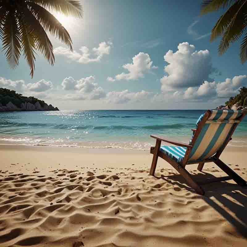 Strandkorb am Sandstrand mit Palmen im Hintergrund.