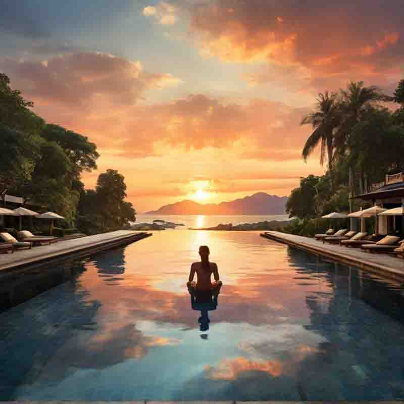 Strandkorb am Sandstrand mit Palmen im Hintergrund.