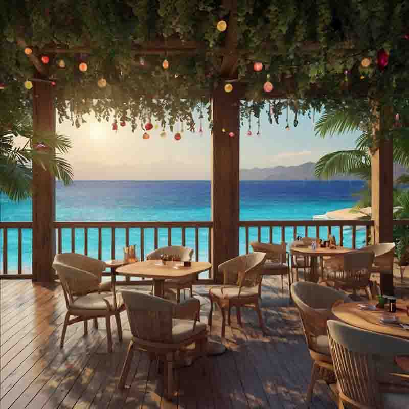 Ein Restaurant direkt am Strand mit Tischen und Stühlen, das ein malerisches Esserlebnis am Meer bietet.