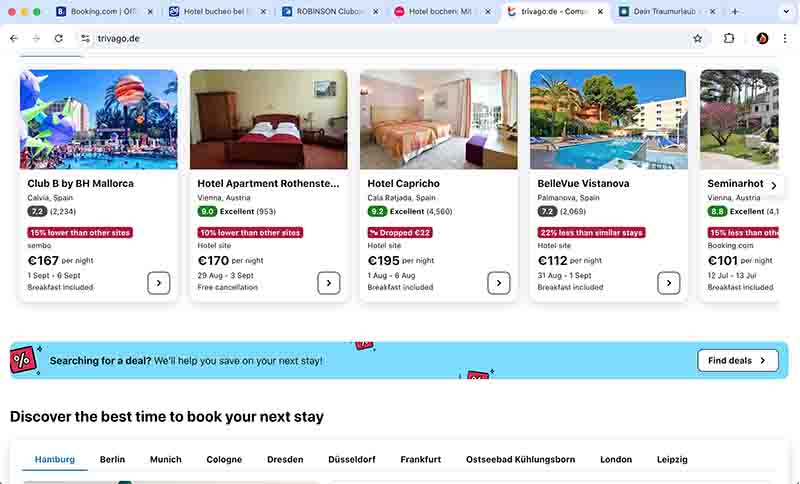 Screenshot eines Reise Buchungsportals, auf der verschiedene Hotelsuchkarten in einer horizontalen Reihe angezeigt werden.