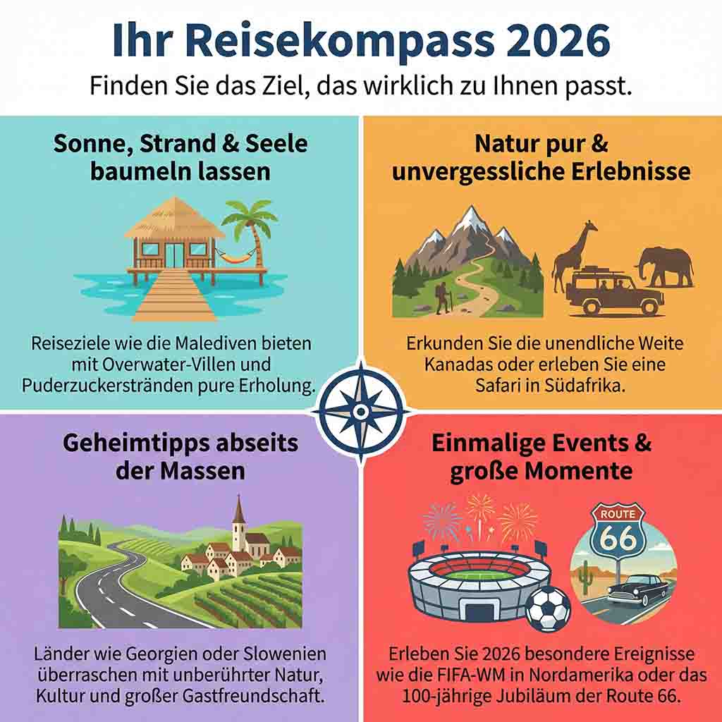 Eine vierteilige Infografik mit dem Titel 'Ihr Reisekompass 2026'. Jedes der vier farbigen Quadrate repräsentiert eine Reisekategorie mit passenden Illustrationen und Texten