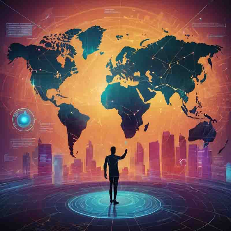 Tourist steht vor einer Weltkarte und präsentiert futuristische Technologien in einem modernen Reisebüro.