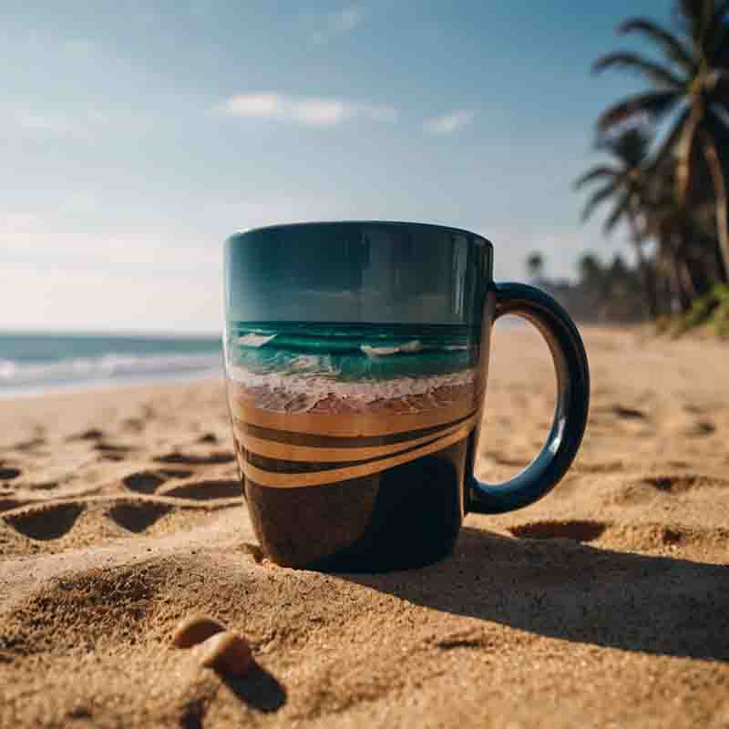 Kaffeebecher am Strand
