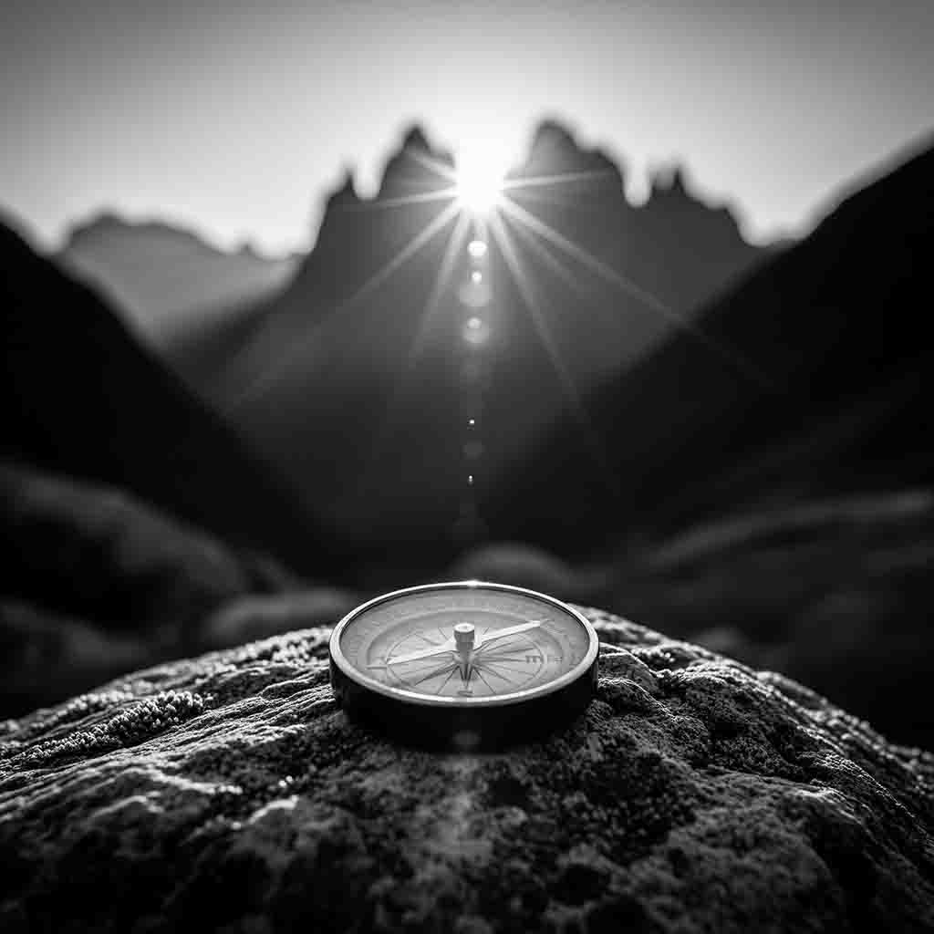 Schwarz-Weiß-Aufnahme eines Kompasses, der auf einem bemoosten Stein liegt, im Hintergrund eine markante Bergkette mit strahlendem Sonnenaufgang zwischen den Gipfeln.
